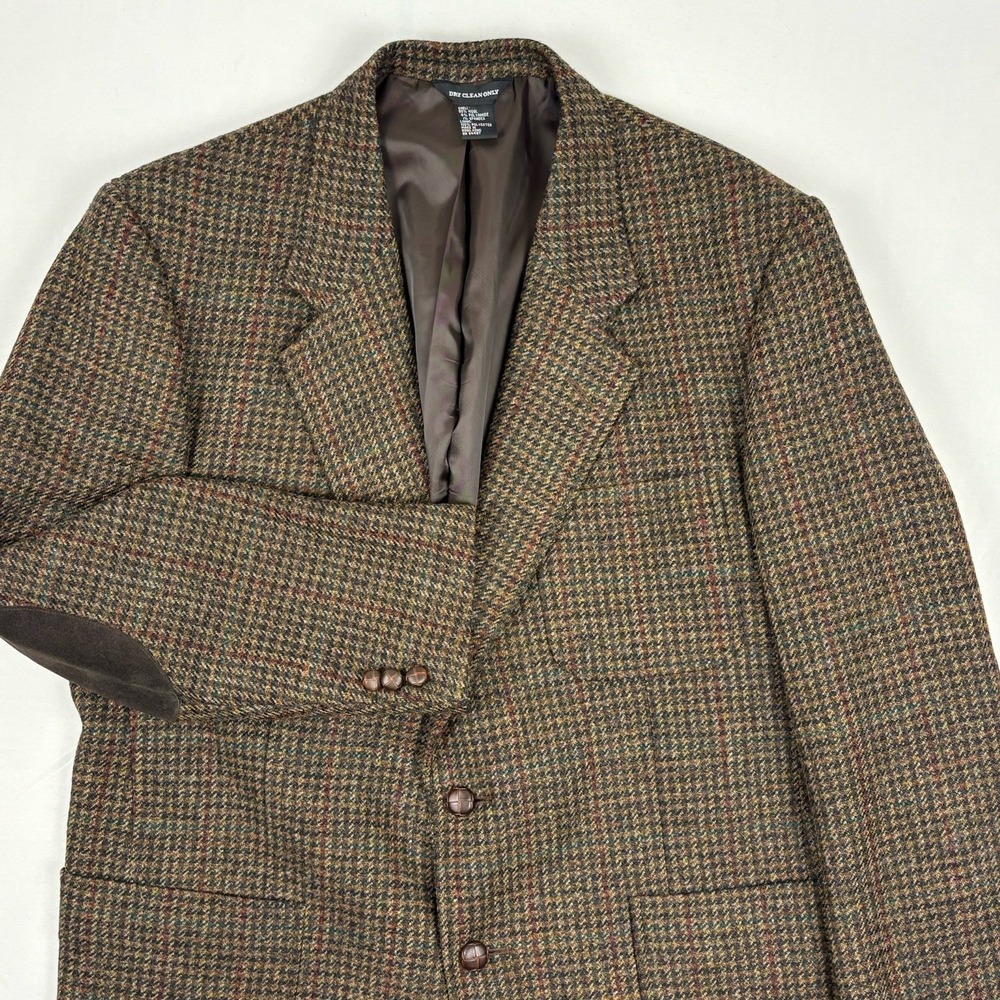 VTG 90s TravelSmith Gun Club Check Wool Patch Pocket Suede Elbow Blazer 42 Brown